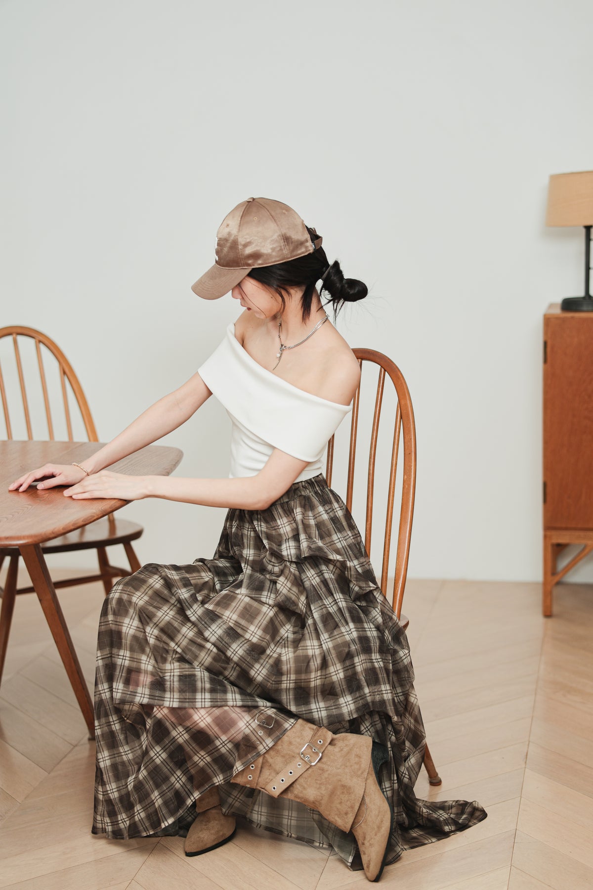CHECK TULLE SKIRT - BROWN
