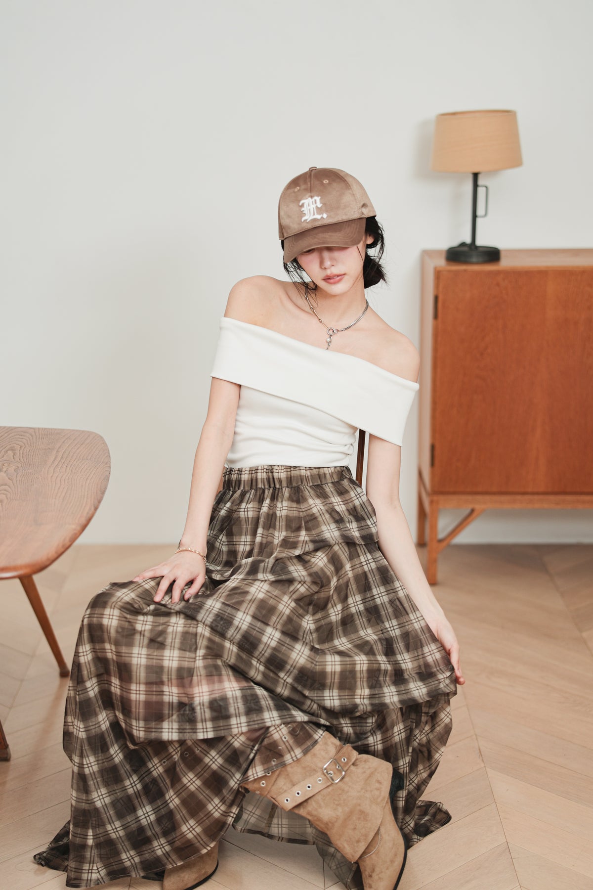 CHECK TULLE SKIRT - BROWN