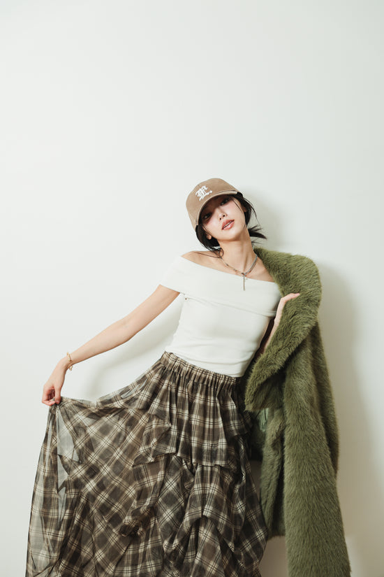 CHECK TULLE SKIRT - BROWN
