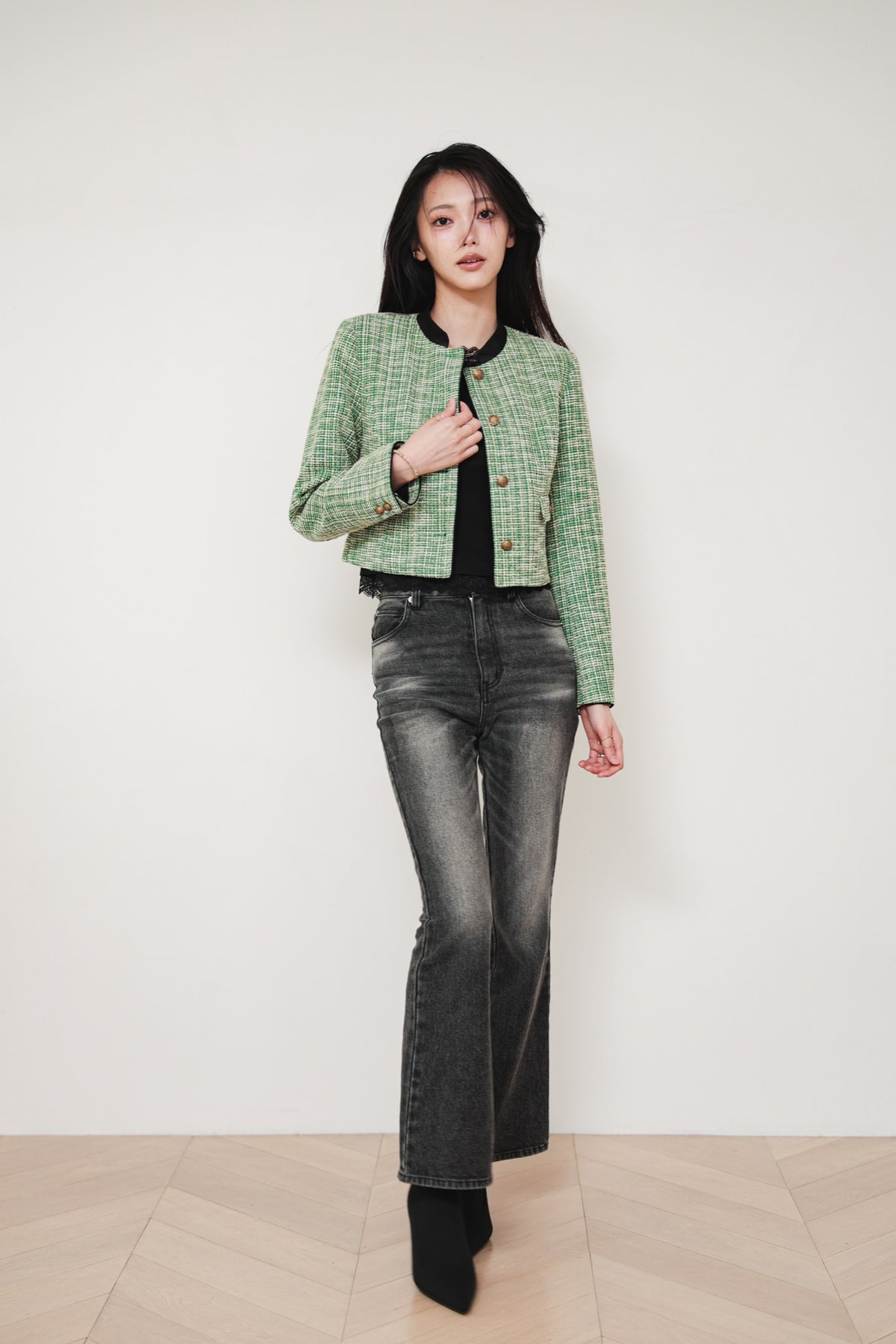 CROPPED TWEED JACKET - GREEN