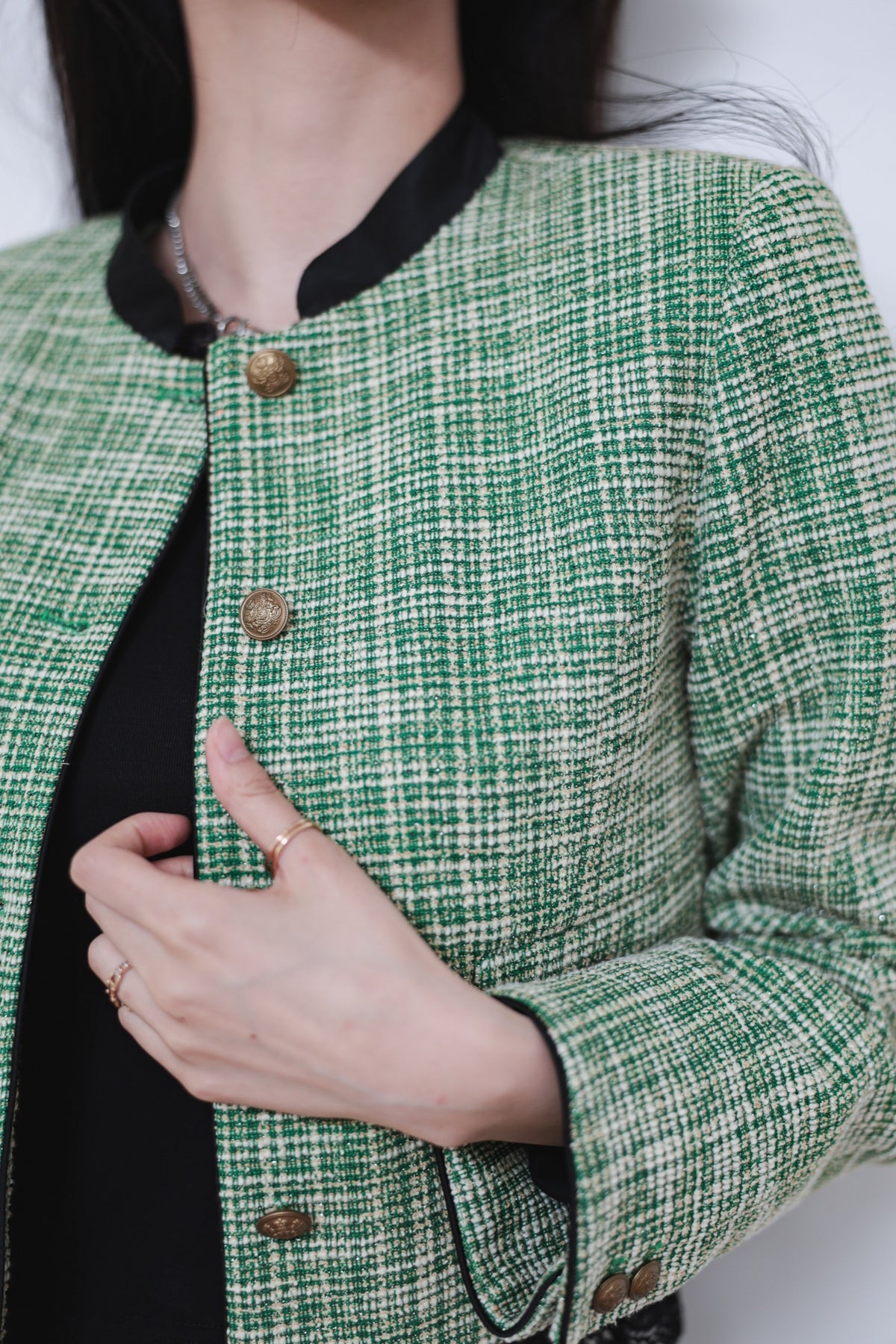 CROPPED TWEED JACKET - GREEN